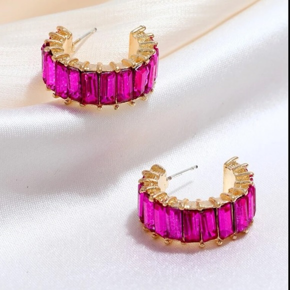 Pink Cubic Zirconia 14k Hoop Earrings - Picture 3 of 4